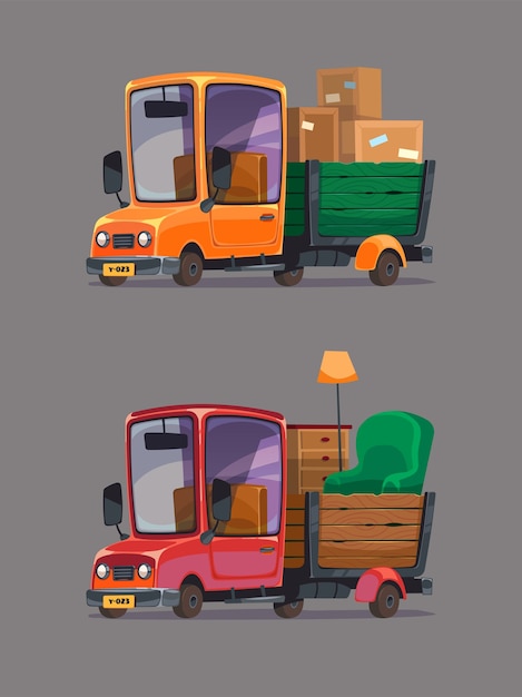 Camion De Mudanzas Con Cajas Y Muebles Conjunto De Coches Retro Estilo De Dibujos Animados Vector Premium