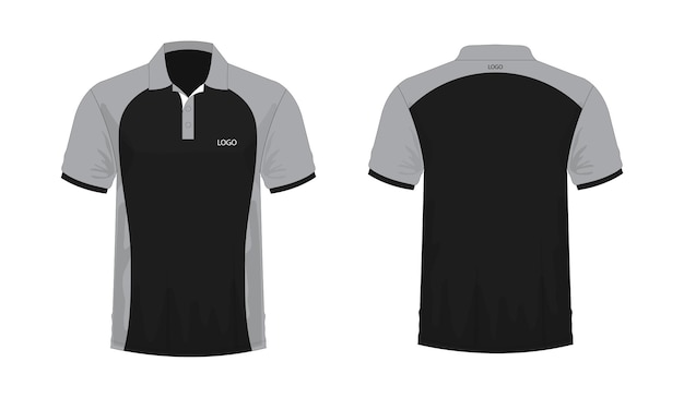 Camiseta polo gris y plantilla negra para diseño sobre fondo blanco ...