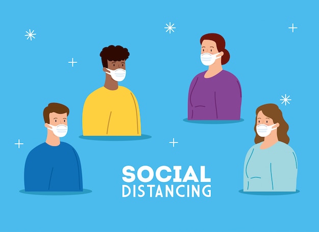 Campaña de distanciamiento social para covid 19 con reunión de personas  usando mascarilla | Vector Premium