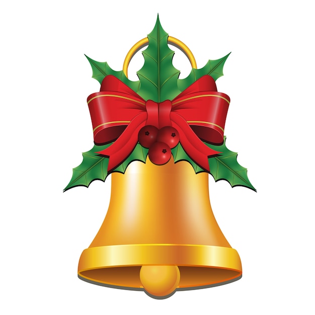 Campanas doradas con cinta y decoración de acebo para navidad | Vector Premium