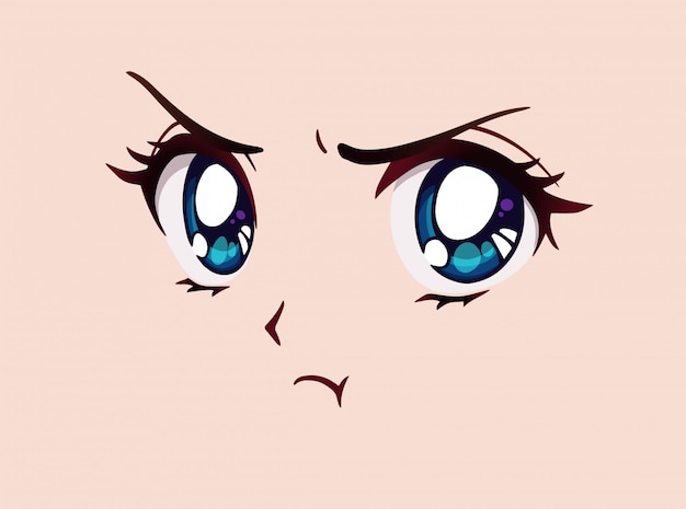 Cara De Anime Enojado Estilo Manga Grandes Ojos Azules Nariz Pequena Y Boca Kawaii Dibujado A Mano Ilustracion Vector Premium