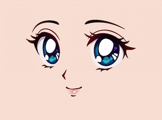 Cara De Anime Feliz Estilo Manga Grandes Ojos Azules Nariz Pequena Y Boca Kawaii Dibujado A Mano Ilustracion Vector Premium