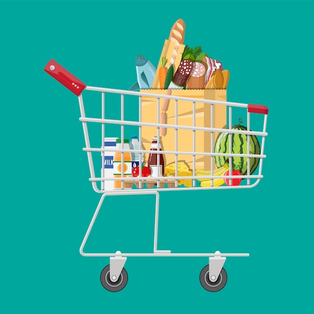 Carrito De Compras Lleno De Productos Comestibles Vector Premium 