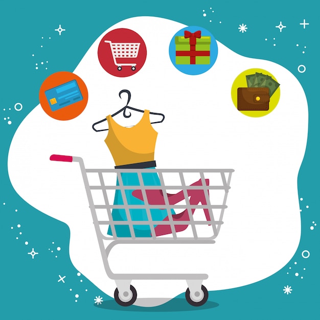 Carro de compras con los iconos de sistema de marketing vector gratuito