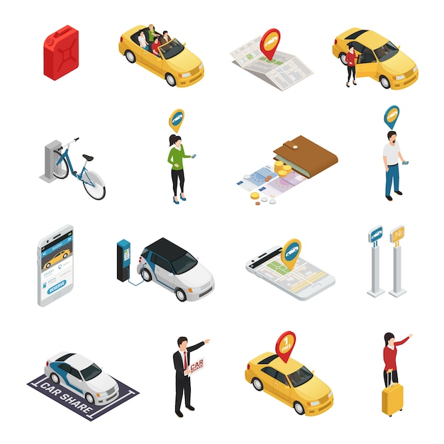 Carsharing carpooling ridesharing set vector gratuito