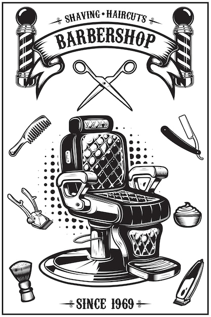 Cartel de barbería con silla de barbero herramientas de corte de pelo