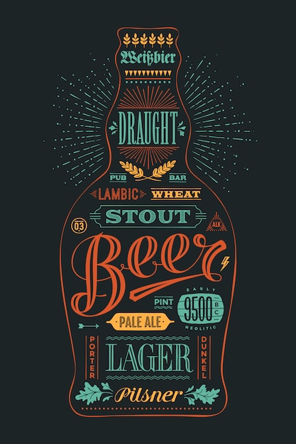 Cartel de botella de cerveza con letras dibujadas a mano Vector Premium