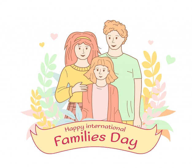 Cartel Del Dia Internacional De La Familia Esquema Retrato De Estilo De Dibujos Animados Plana Con Cinta De Guirnalda De Flores Vector Premium