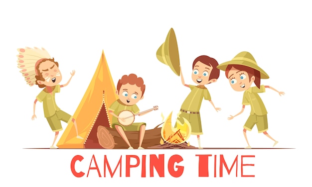 Cartel De Dibujos Animados Retro De Actividades Para El Campamento De Verano Para Ninos Exploradores Tocando Canciones De Fogatas Indias Y Cantantes Vector Gratis