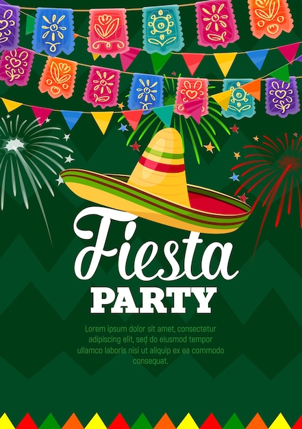 Cartel De Fiesta Fiesta Símbolos Mexicanos Sombrero Y Guirnaldas De Banderas De Colores Vector 2650