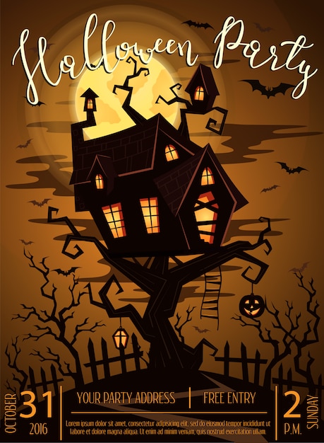 Cartel De Fiesta De Halloween Con Castillo Espeluznante Vector Premium