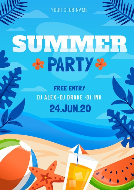 Cartel de fiesta de verano en diseño plano Vector Gratis