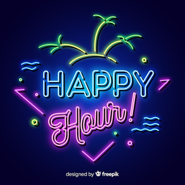 Cartel de happy hour tropical con diseño de neón | Vector Gratis