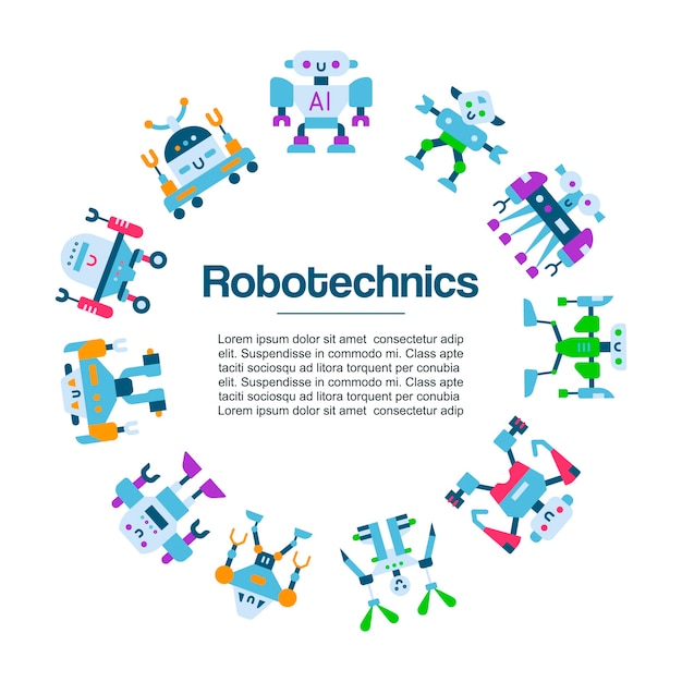 Cartel de iconos de juguetes robot. tecnología de máquina robótica. robocop personajes de dibujos animados. inteligencia robotécnica Vector Premium