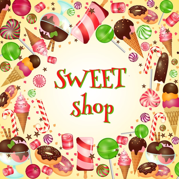 Cartel De Tienda De Dulces Con Caramelos Y Piruletas Helado Comida Deliciosa Vector Gratis