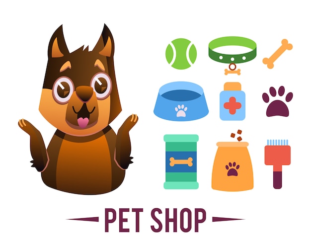 Cartel de la tienda de mascotas, perro con artículos para mascotas. vector gratuito