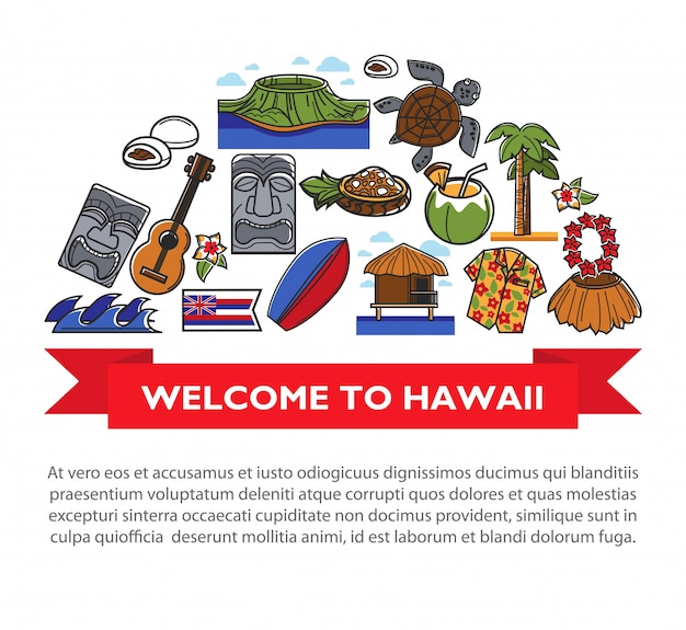 Cartel De Viaje De Hawai Con Simbolos De La Cultura Hawaiana Vector Premium