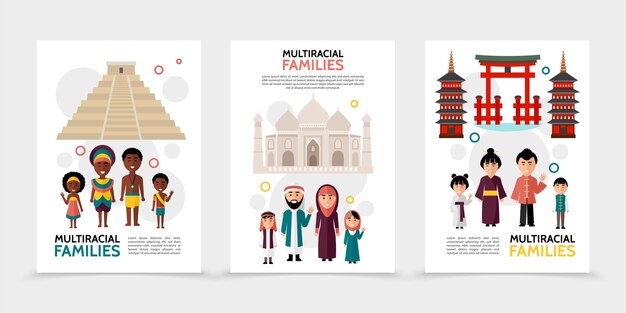 Carteles De Personas Multirraciales Planas Con Familias Multiculturales Piramide Taj Mahal Puertas Torres Ilustracion De Lugares De Interes Nacional Vector Gratis