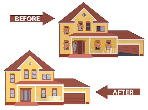 Casa Antes Y Despues De La Reparacion Antigua Casa Deteriorada Vector Premium