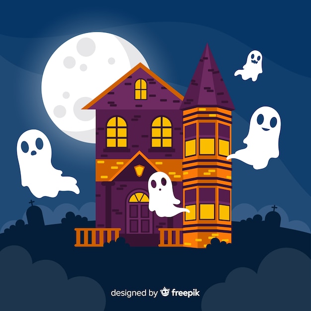 Casa embrujada de halloween con fantasmas en diseño plano Vector Gratis