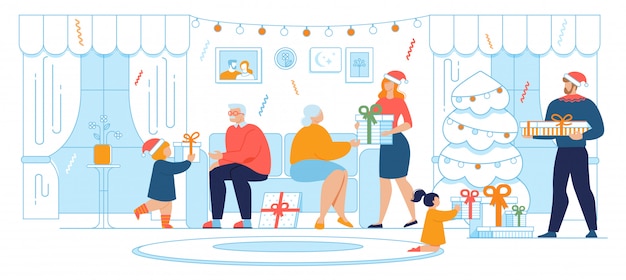 Celebración de navidad tradición familiar vector plano Vector Premium
