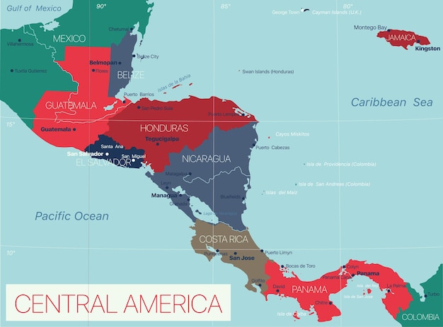 Centroamérica mapa editable detallado con países y capitales. | Vector