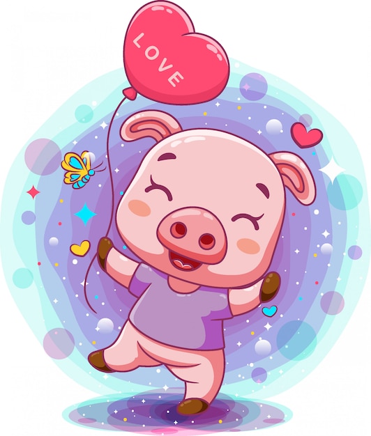 Cerdito Bebe Sosteniendo Globo Corazon Rosa Vector Premium