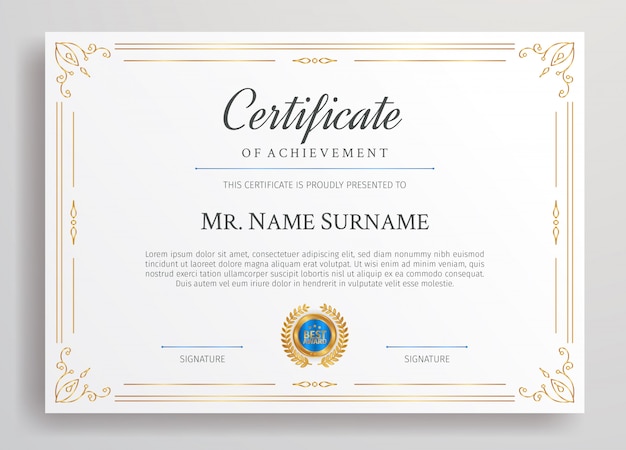 Certificado De Diploma De Oro Con Insignia Azul Y Plantilla De Borde A4