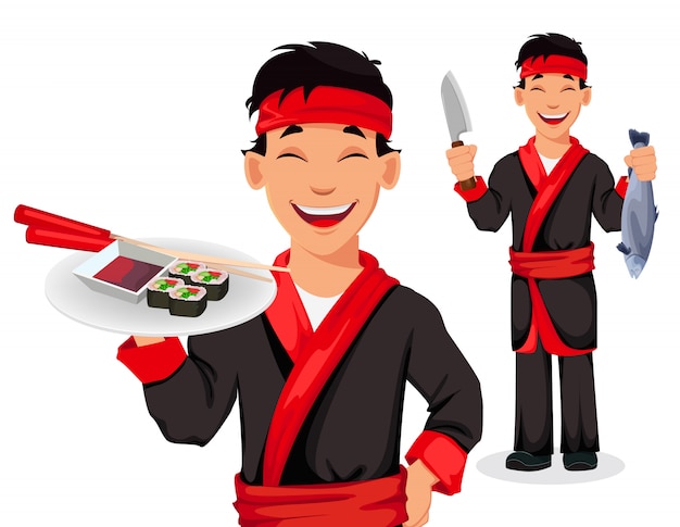 Chef japonés cocinando rollos de sushi Vector Premium