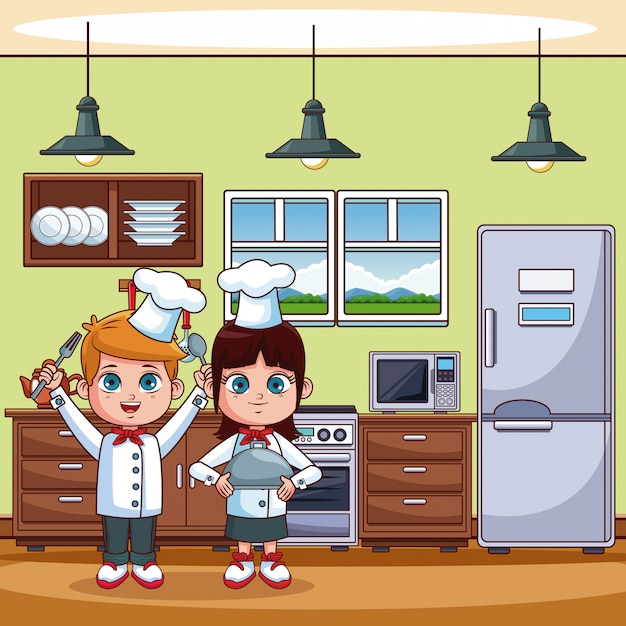 chef niños cocinando en dibujos animados de cocina vector premium