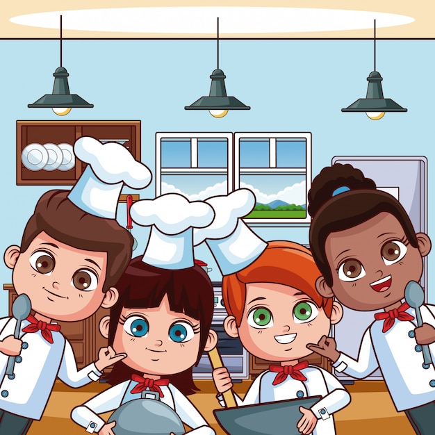 Chef niños cocinando en dibujos animados de cocina Vector Premium
