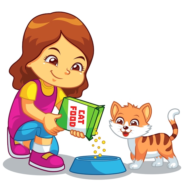 Chica alimentando a su gato mascota | Vector Premium