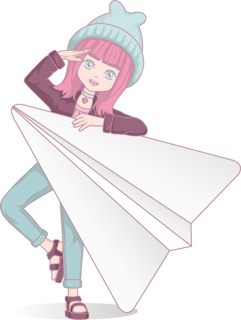 Chica anime con avión de papel | Vector Premium