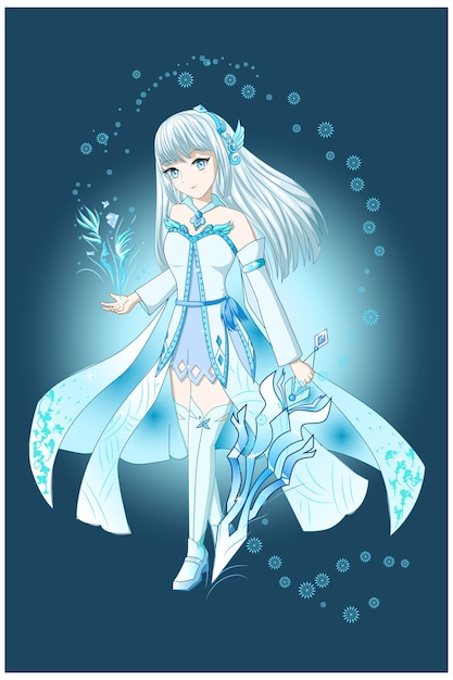 Chica Anime Blanco Marron Con Traje Azul Blanco Trae La Espada Vector Premium