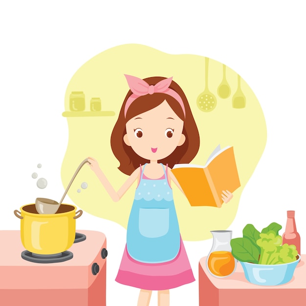 Chica Cocinando Sopa Con Libro De Cocina En La Cocina Vector Premium 