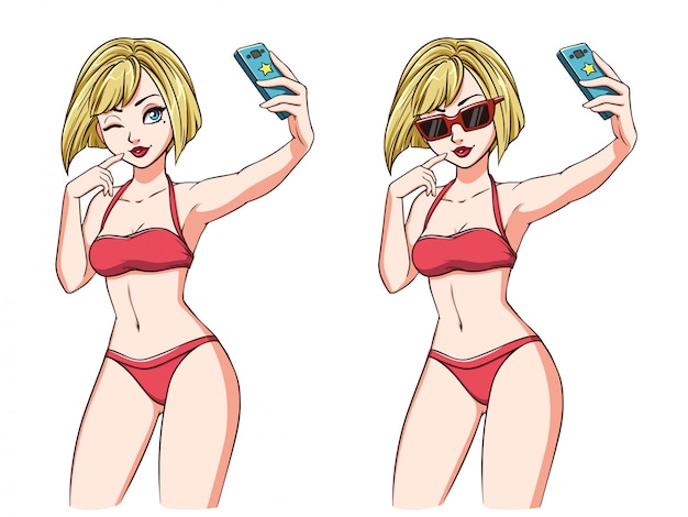 Chica De Dibujos Animados Toma Una Selfie Chica Rubia En Traje De Ba O Rojo Y Gafas De Sol