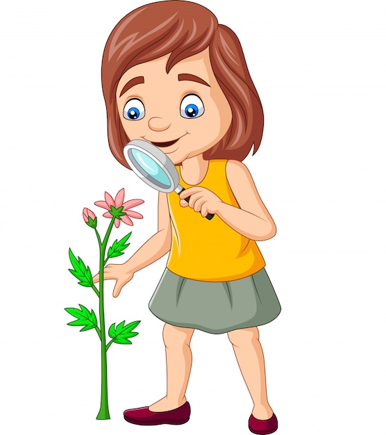 Chica de dibujos animados usando una lupa y mirando flores | Vector Premium