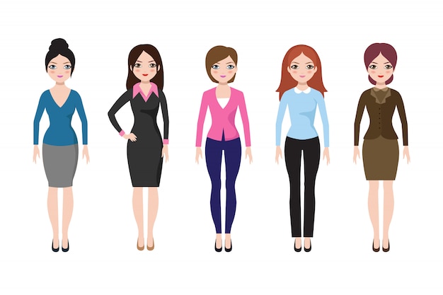 Chica joven que se coloca en diversa ropa casual aislada. empresaria en conjunto de vector de vestido y pantalones Vector Premium