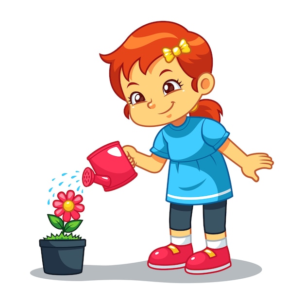 Chica regando su planta de flores | Vector Premium