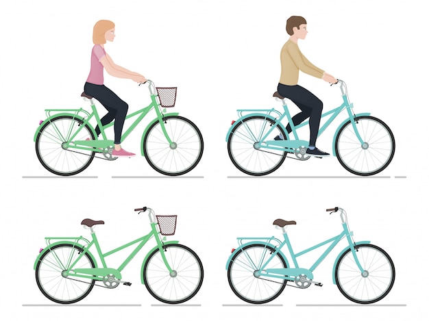 Chico Y Chica Montando Una Bicicleta Personajes Y Bicicletas En Estilo De Dibujos Animados