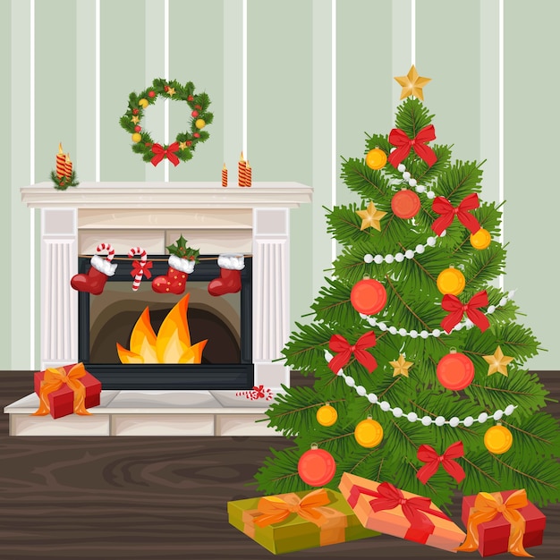 Chimenea de chimenea clásica y árbol de navidad | Vector Premium