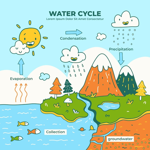 Ciclo Del Agua Dibujado A Mano Vector Premium