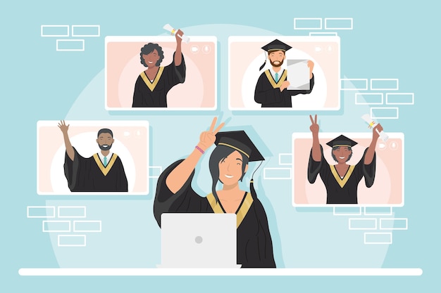 Cinco Alumnos En Graduación Virtual | Vector Premium