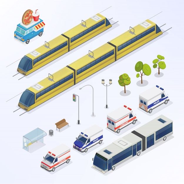 Ciudad isométrica elementos urbanos. bus isométrico tren isométrico transporte de la ciudad. Vector Premium
