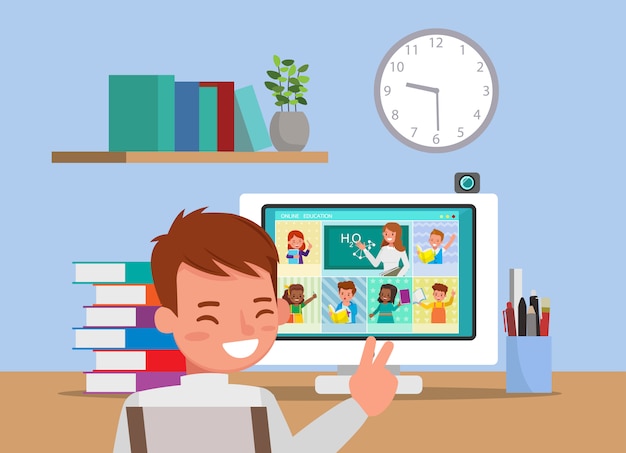 Clases de educación a distancia en línea para niños durante el coronavirus.  distanciamiento social, autoaislamiento y concepto de quedarse en casa. no6  | Vector Premium