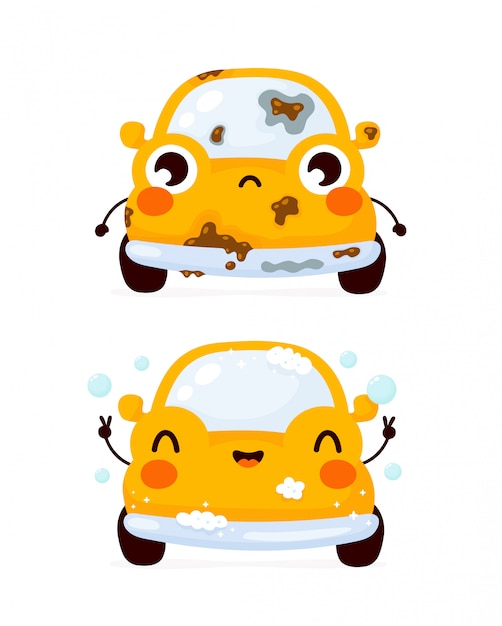 Coche De Automovil Amarillo Limpio Sucio Sucio Y Feliz Lindo Lindo Icono De Ilustracion De Personaje De Dibujos Animados Plana Aislado En Blanco Lavado De Automoviles Vector Premium