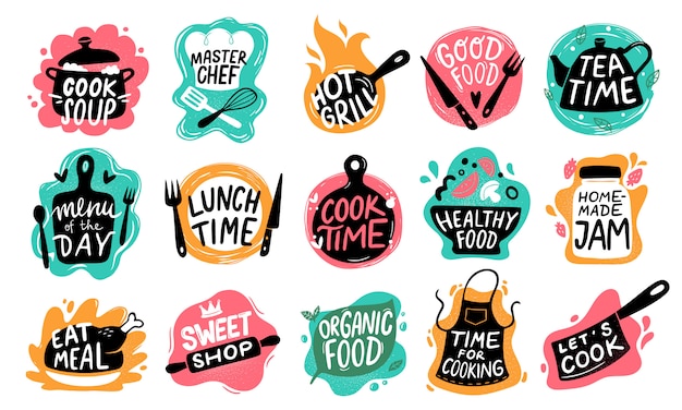 Cocinar Comida Letras Logotipos De Insignias De Cocina Tipografia De Alimentos Para Hornear Y Conjunto De Etiquetas De Cocina Vector Premium