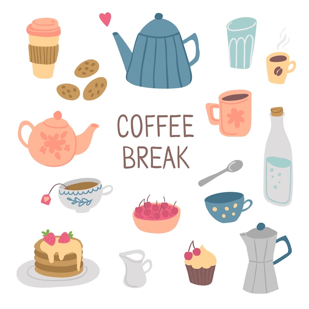 Coffee Break Conjunto Dibujado A Mano Con Letras Vector Premium