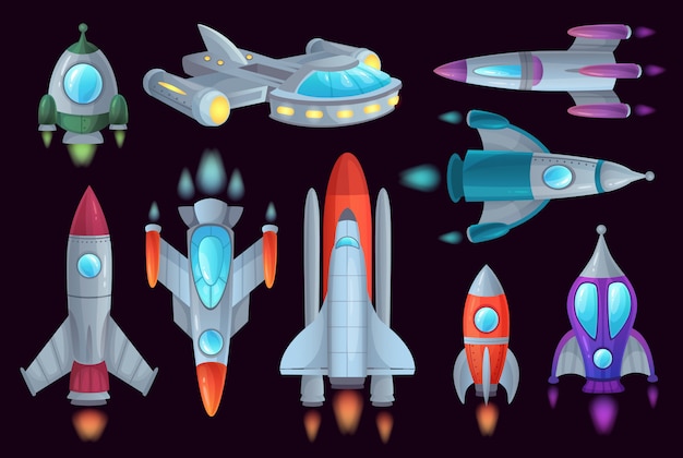 Cohetes De Dibujos Animados Conjunto De Ilustracion Aislada De Cohete Espacial Cohete Aeroespacial Y Nave Espacial Vector Premium