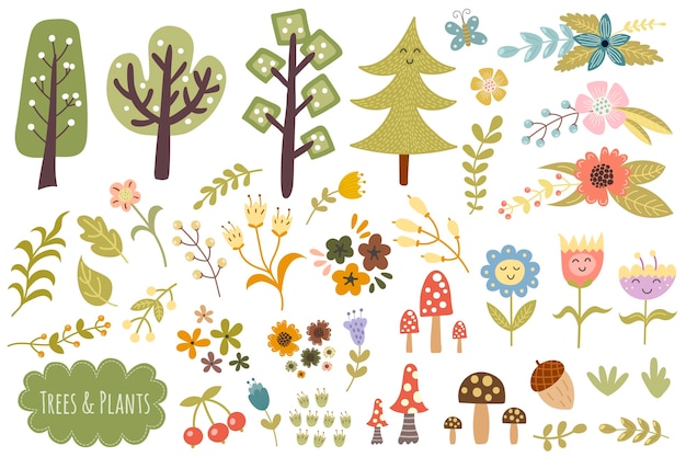 Coleccion De Arboles Plantas Y Flores Conjunto De Elementos De Bosque Lindo Vector Premium